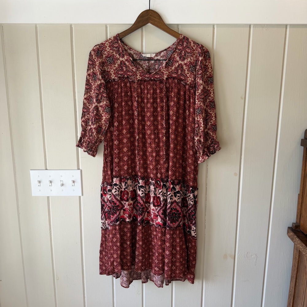 easel Burgundy Mixed-Print Boho Oversized Dress, Size Small